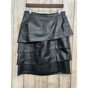 Vtg 90s Y2K Tiered Leather Skirt Sz 14 Black Knee Length A-Line Whimsigoth Moto